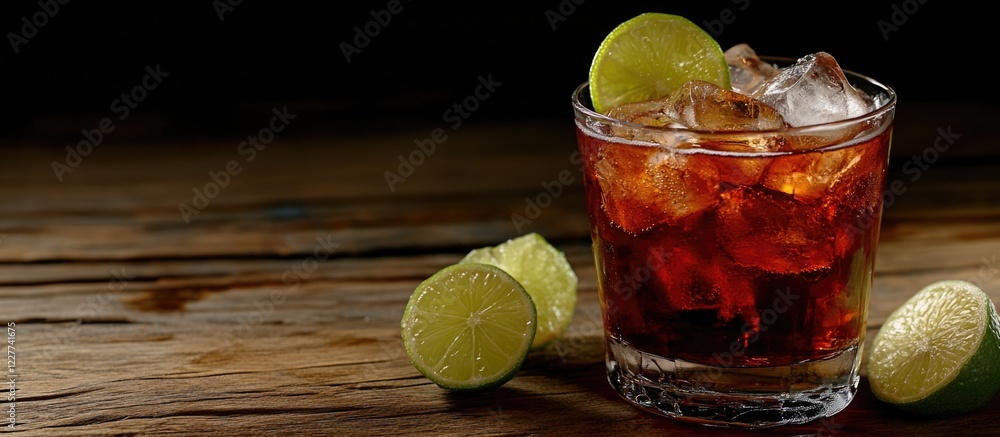 Poster refreshing cocktail with ice cubes and lime garnished in a glass on wooden surface with empty space 