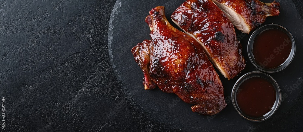 Poster glazed roasted duck served with sweet sauce on a dark stone platter with ample empty space for text 