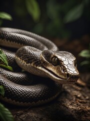 Fototapeta premium Snake Portrait: Intense Predator Coiled in Natural Foliage with Dramatic Lighting