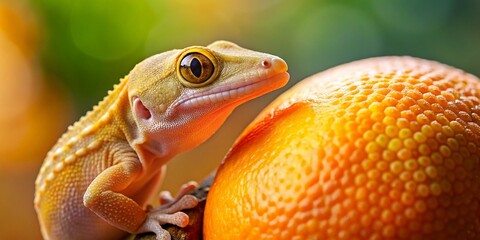 Ciliatus Gecko Climbing Orange Fruit: Vibrant Architectural Photography