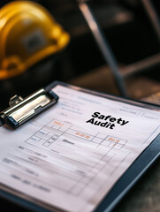 Safety audit checklist and hard hat on clipboard at construction site planning for employee safety