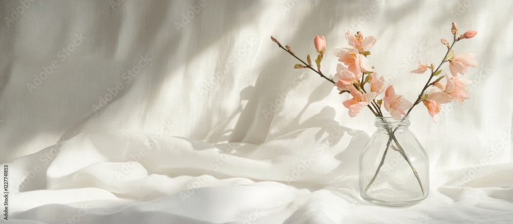 Poster elegant glass vase filled with delicate peach branches on soft white linen with textured wall creati