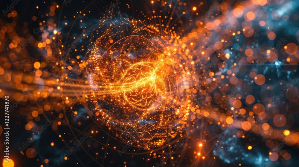 Poster abstract representation of energy waves and particles in a cosmic environment with glowing orbs