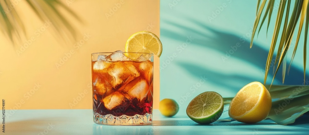 Poster glass of rum and cola with ice garnished with lemon and lime on a colorful table setting with copy s
