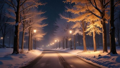 Snowy trees lit by warm and soft streetlights in a quiet night scene, soft glow, warm light, landscape