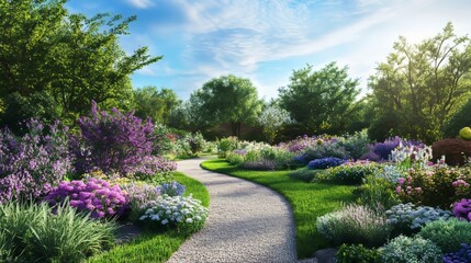 Obraz premium Beautiful garden pathway adorned with vibrant flowers under a clear blue sky during daytime