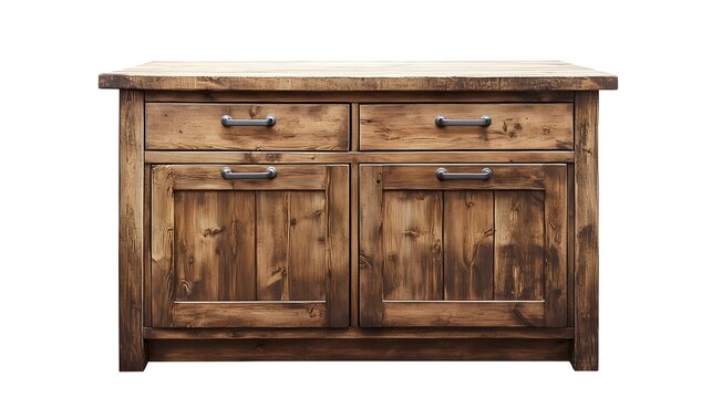 87. A rustic wooden kitchen island with a countertop and storage drawers, isolated on white
