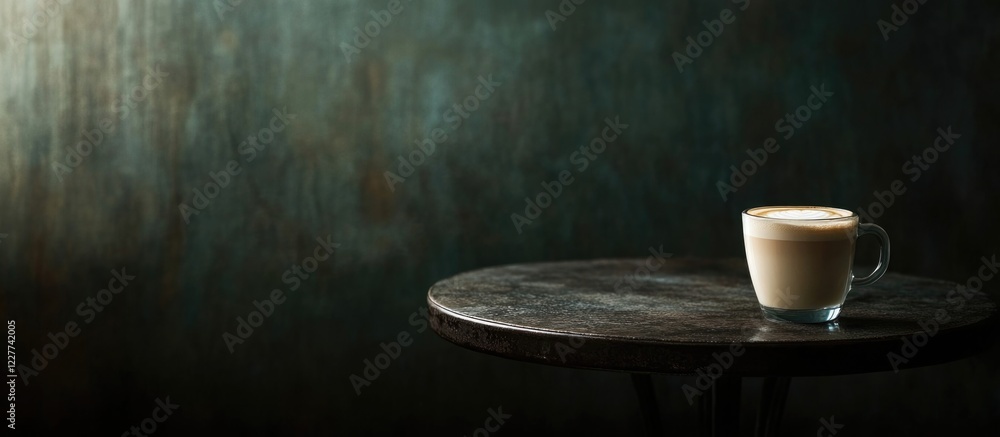 Poster white coffee latte in a clear glass on a rustic table with a textured dark background and ample copy