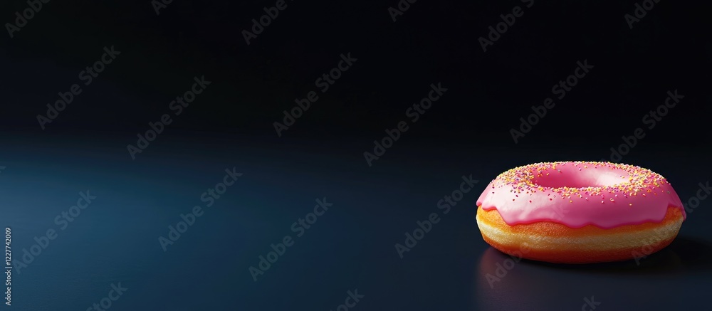 Poster glazed donut on dark backdrop with ample empty space for promotional text showcasing delicious desse