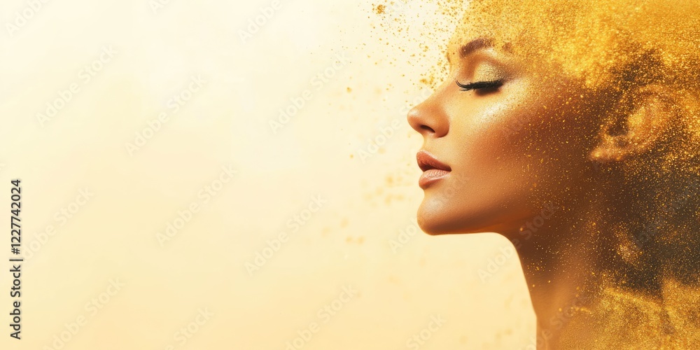 Aufkleber shimmering gold powder splash creating a luxurious backdrop for festive makeup with ample copy space