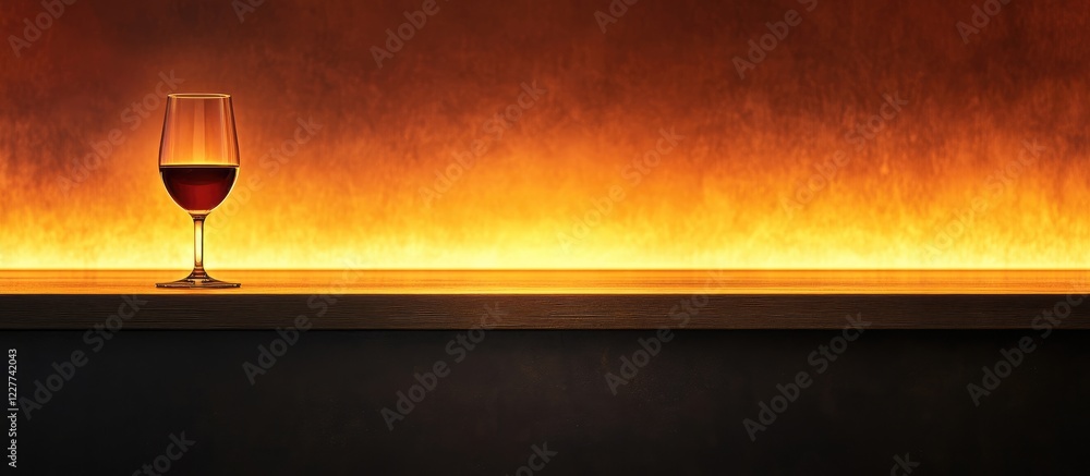 Poster elegant glass of deep red wine on illuminated wooden bar counter with blank space for text and warm 