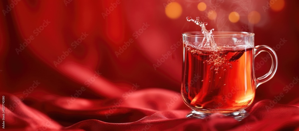 Poster hot mulled wine glass with splash on blurred red fabric background and empty space for text perfect 