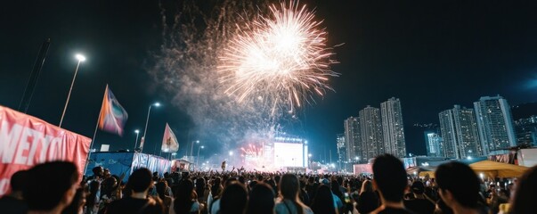 Colorful Fireworks Display Over a Lively Crowd at Night Festival
