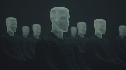 Abstract representation of faceless figures in a dark setting signifying anonymity and the concept of identity in modern society