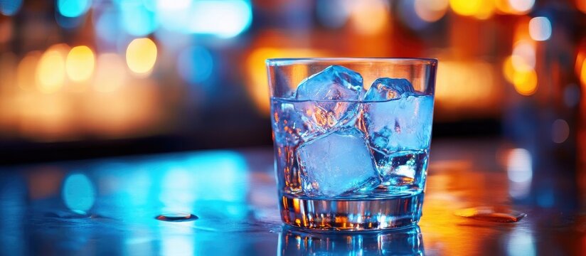 Glass of water with ice cubes on a bar top illuminated by colorful lights with ample space for text or branding in the background