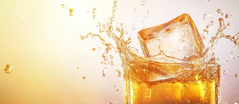 Whiskey splash in glass with large ice cube creating dynamic motion against a light background for empty text space