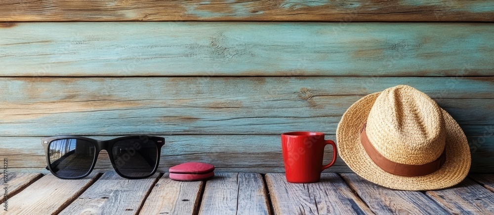 Poster glasses and hats displayed on a rustic wooden wall creating a cozy morning vibe with ample empty spa