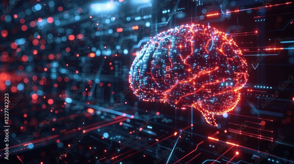 Poster futuristic digital brain visualization with glowing connections against a tech-inspired backdrop