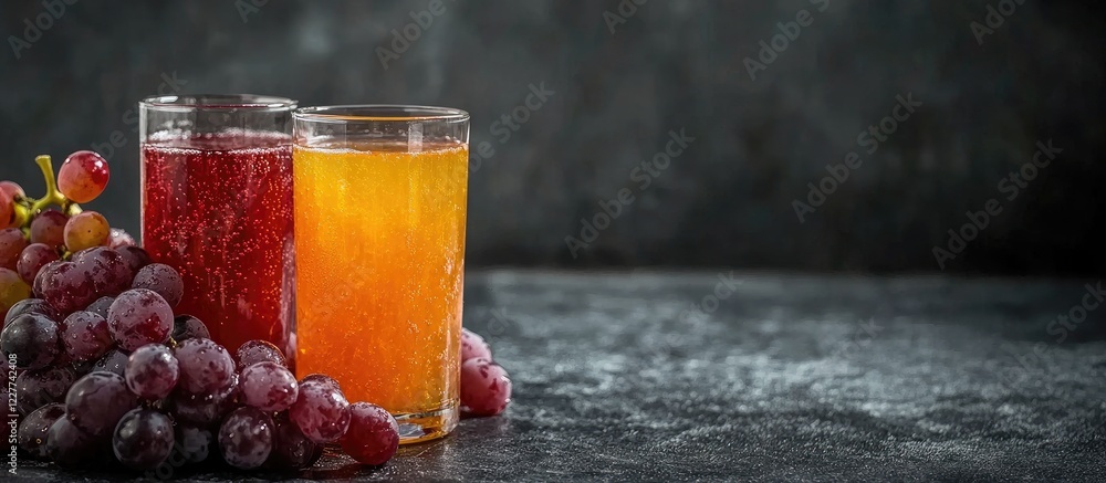 Poster glasses of grape juice and wine alongside fresh grapes on a dark textured table with empty space for