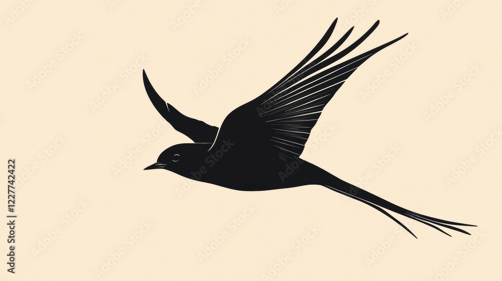 Poster black silhouette of a bird in flight against a light background highlighting grace and freedom. gene