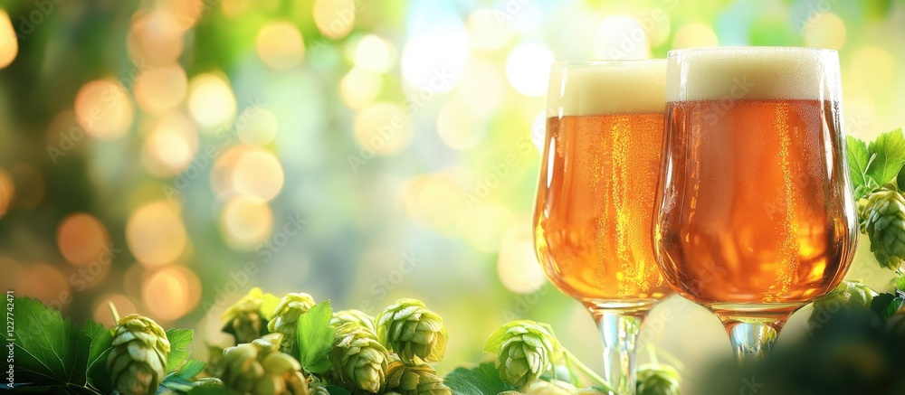 Poster amber beer glasses with a blurry hops background and empty copy space for text ideal for promoting b