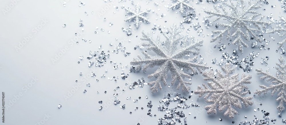Poster silver snowflakes with glitter on a soft background featuring ample space for text perfect for winte