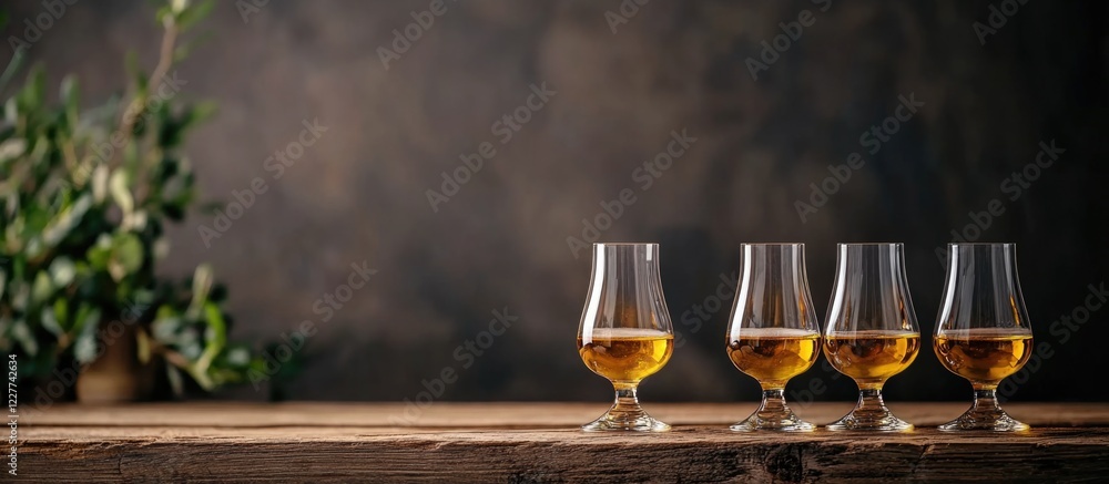Poster glasses of golden whiskey lined up on a rustic wooden bar with an empty background for customizable 
