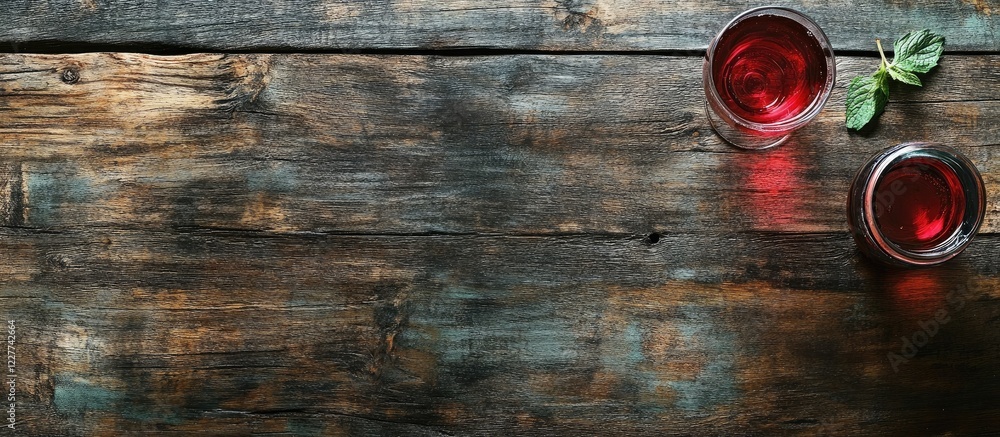 Poster glass of red wine and barrel on rustic wooden table with empty space for text and fresh mint leaves 