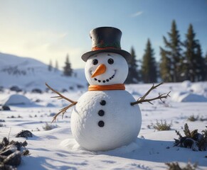Obraz premium Snowman standing in a snow-covered field with a carrot nose and coal eyes, happy memory , snowman