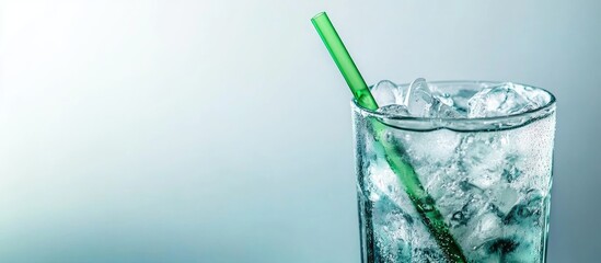 Refreshing beverage in a glass with ice and green straw against a soft gradient background ideal for beverage promotions or summer campaigns