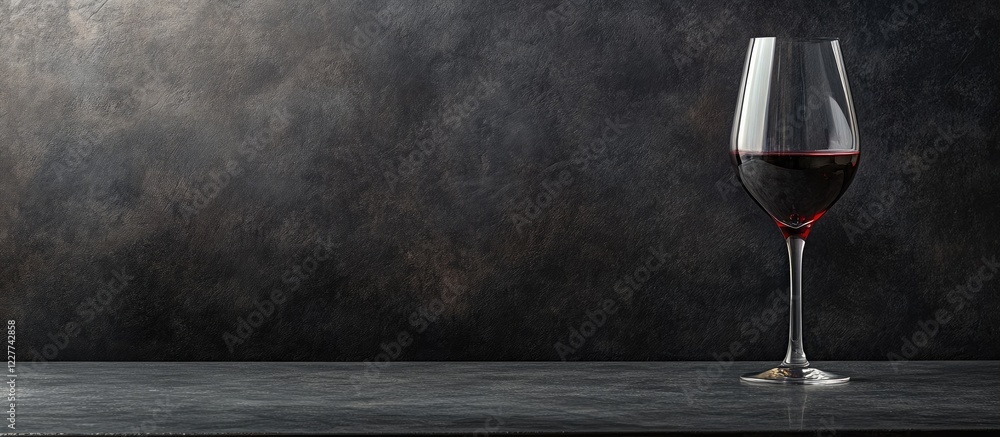 Poster elegant glass of deep red wine on a textured dark background with ample space for branding or promot