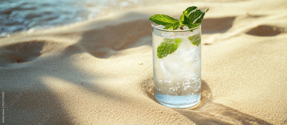 Poster refreshing glass of mineral water with mint leaves on sandy beach background with empty space for te