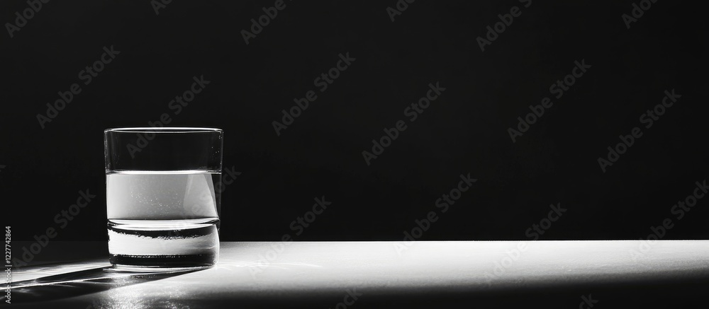 Poster glass of water on a desk in monochrome with ample negative space for text design or advertisement pu