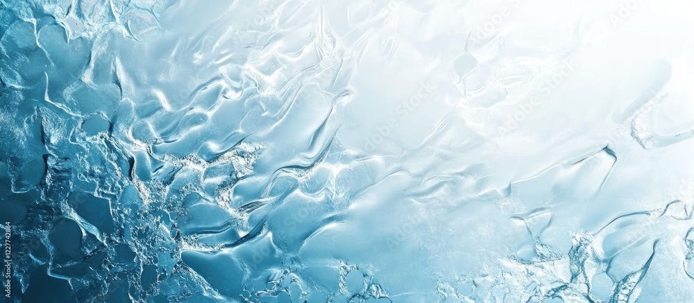 Poster glistening texture of melting glacier ice with clear blue tones and ample space for text or graphics