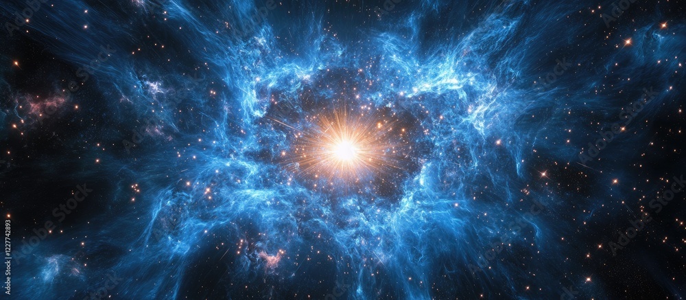 Poster cosmic scene featuring glittering blue particles and a bright center, ideal for background use with 