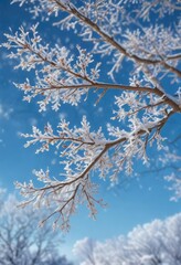 Snowflakes gently falling on a bare tree branch against a blue winter sky, blue background, frosty morning, winter wonderland