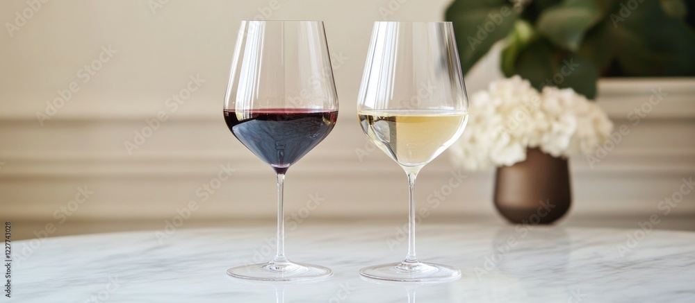 Poster red and white wine glasses on a table elegantly arranged for a party with empty space for text invit