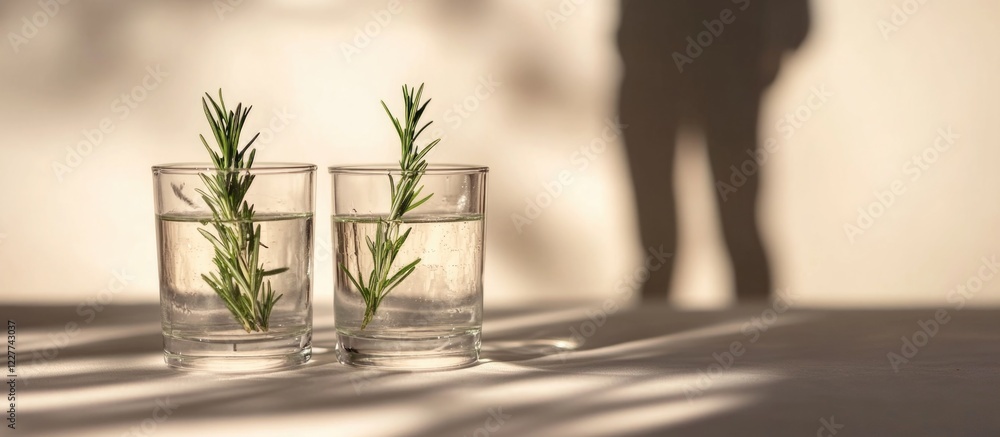 Poster refreshing drink with rosemary garnished glasses in front of a shadowed man offering empty space for