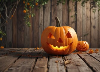 Grinning jack-o'-lantern on wooden planks with vines and cobwebs, seasonal, woodland, spooky