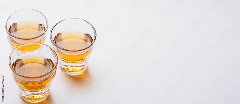 Poster refreshing apple juice in three clear glasses on a bright white background ideal for text placement 