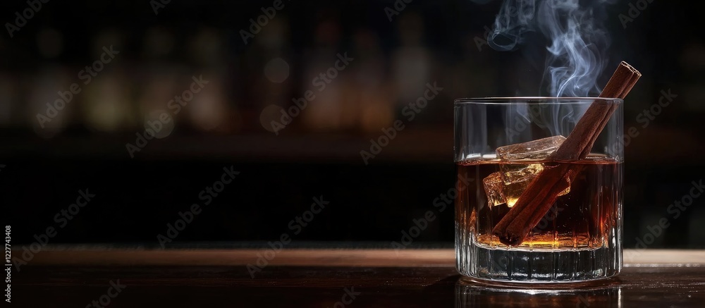 Poster glass of whiskey with a smoking cinnamon stick creating vapor on a bar counter with empty space for 