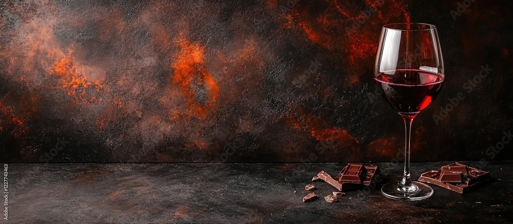 Poster glass of red wine beside dark chocolate on a textured table with ample empty space for text and bran