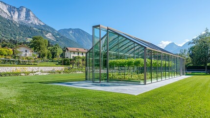 Naklejka premium Modern Greenhouse Surrounded by Lush Landscape and Mountains