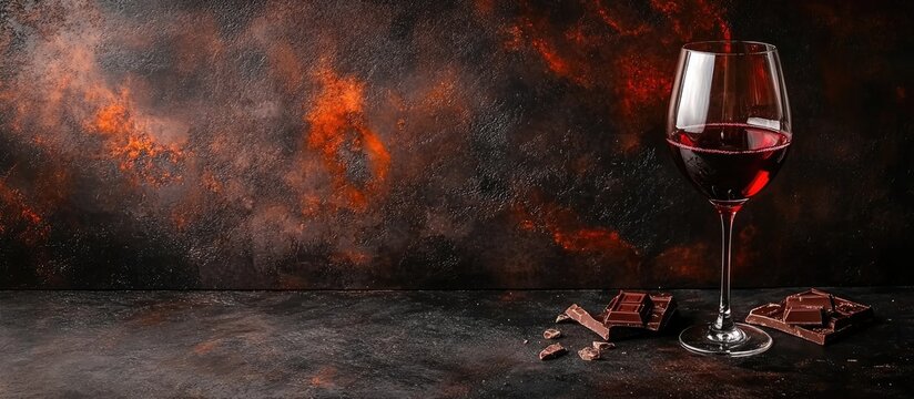 Glass of red wine beside dark chocolate on a textured table with ample empty space for text and branding options