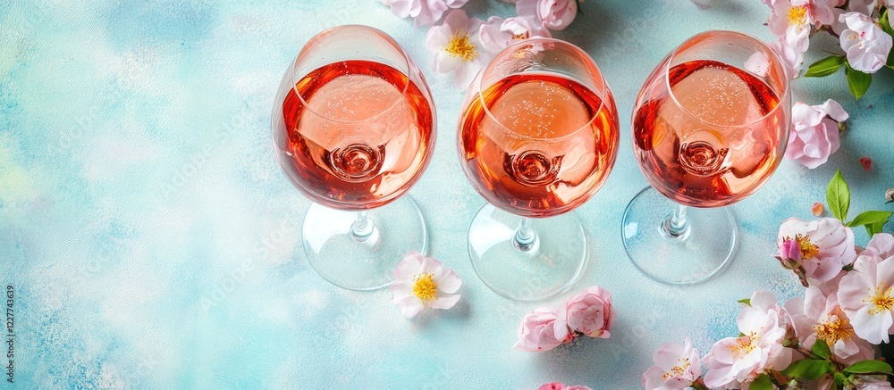 Poster three glasses of rose sparkling wine on a floral backdrop with vibrant reflections and empty space f