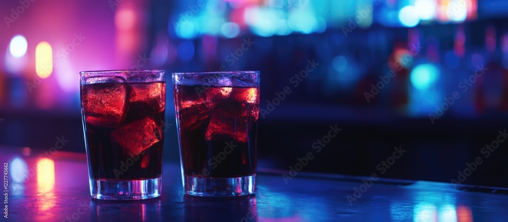 Aufkleber glasses of dark drinks on bar counter with colorful lights creating a mysterious atmosphere and empt