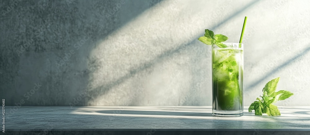 Poster refreshing iced green tea with matcha served in a tall glass on a table with minimalist decor and am