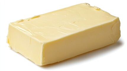 A smooth block of butter on a white background, showcasing the rich texture and golden hue 