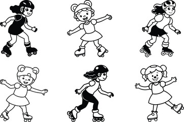 Naklejka premium Little girl rollerblading set vector illustration, Cute Little girl rollerblading silhouette vector art, Little girl rollerblading line art vector