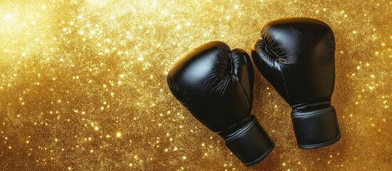 Boxing gloves on shimmering gold backdrop with ample space for customizable text or branding purpose in digital marketing or promotions